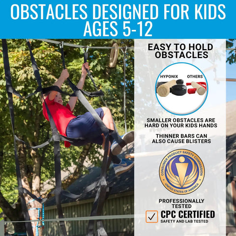 Kid climbing on Kid Ninja Warrior Obstacle Course Set With 2 X 60 Foot Slacklines, 13 Outdoor Obstacles For Climbing, Swinging And Balance Training, Monkey Net, Rings, Rope Knots, Supports Up To 880 Lbs, Ages 3 Plus outdoors