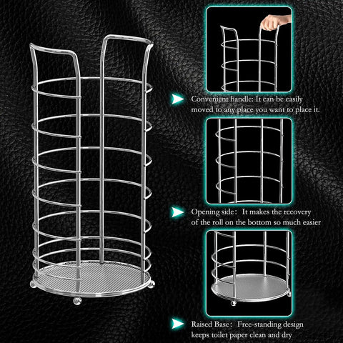 Free Standing Toilet Paper Holder Stand In Brushed Nickel Stainless Steel on black background, shows handle, open sides, raised base