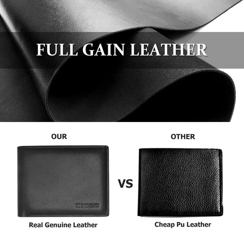 Comparison of genuine leather and PU leather for Leather Wallet For Men, Genuine Leather Bifold RFID Blocking Wallet With 2 ID Windows, Black