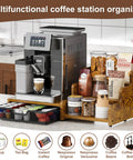 All In One Coffee Station Organizer With K Cup Holder And 28 Cup Capacity, Three Tier Syrup Rack And Drawer, Rustic Brown