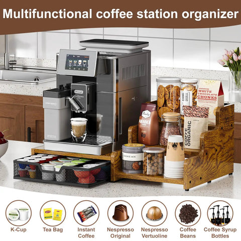 All In One Coffee Station Organizer With K Cup Holder And 28 Cup Capacity, Three Tier Syrup Rack And Drawer, Rustic Brown