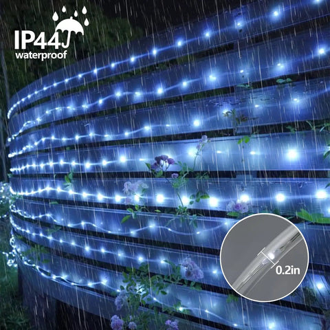 Image showing solar rope lights outdoor waterproof 2 pack 33ft 100 LED string lights with 8 modes in rain on patio fence.