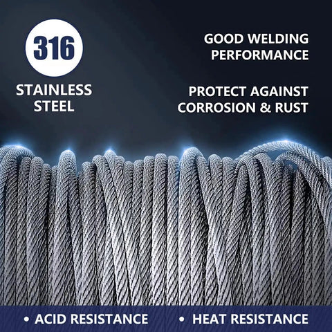Close-up of One Eighth Inch Stainless Steel Cable 300 Ft Railing Cable Kit With Cutter For Deck Handrail DIY Balustrades 7x7 Construction T316 Rustproof Outdoor Wire, with corrosion resistance and welding performance text.