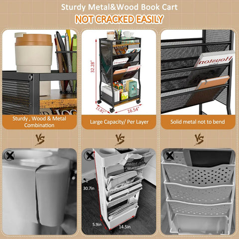 8 Tier Rolling Book Cart With Wheels For Narrow Spaces, Two Sided Access Bookcase with sturdy metal and wood shelves.