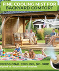 Outdoor Misting System For Patio Cooling, 33 Ft Fine Mist Mister Kit under pergola, cooling seated family in backyard, black setup