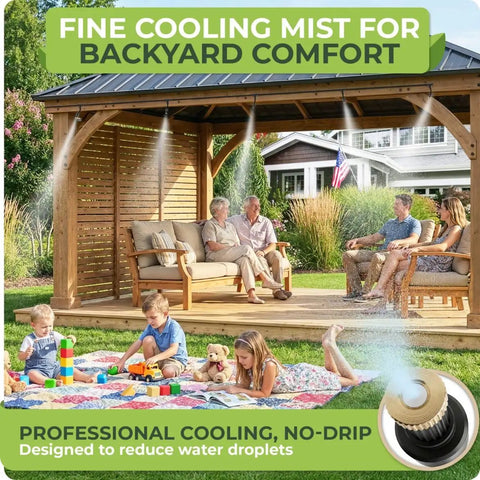 Outdoor Misting System For Patio Cooling, 33 Ft Fine Mist Mister Kit under pergola, cooling seated family in backyard, black setup
