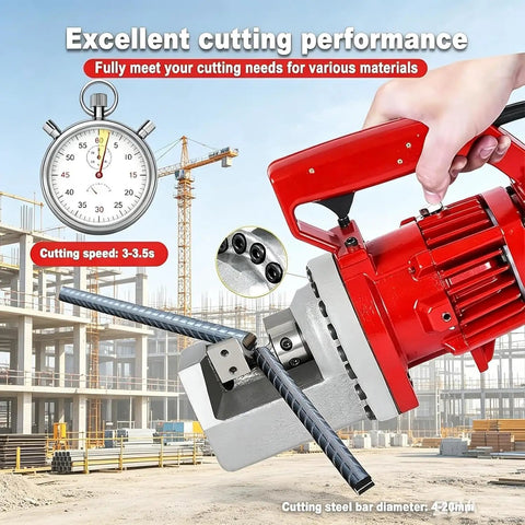 Powerful 1250W Electric Hydraulic Rebar Cutter cutting 20 mm steel bar with quick 3-second speed on construction site.