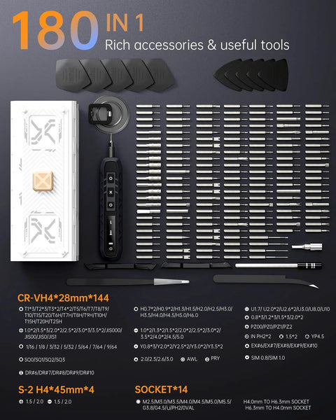 Electric Screwdriver Kit With 181 In 1 Mini Precision Screwdriver Set And 162 Magnetic Bits displayed with tools and accessories