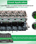 Effortlessly Rip Striped Or Snapped Exhaust Bolts In Record Time With This Heavy Duty Template Kit Purpose Built For Dodge 5.7L Hemi Engines Delivers Smooth Extraction With Zero Drama For Heads, showing custom fitted exhaust manifold drill template tool kit.