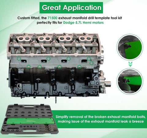 Effortlessly Rip Striped Or Snapped Exhaust Bolts In Record Time With This Heavy Duty Template Kit Purpose Built For Dodge 5.7L Hemi Engines Delivers Smooth Extraction With Zero Drama For Heads, showing custom fitted exhaust manifold drill template tool kit.