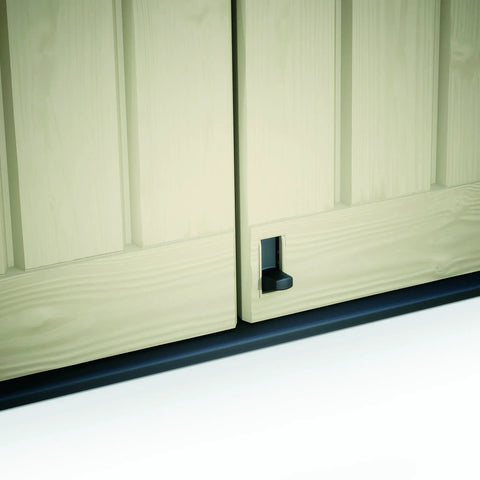 Close-up of the locking mechanism on the All Weather Heavy Duty Outdoor Storage Shed Made From Resin Plastic For Forty Two Cubic Feet Of Easy Patio Garden Tool Organization In Earthy Brown Shade.