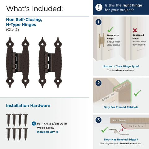Smooth Swinging Offset Cabinet Hinges One Pair 3/8 Inch Oil Rubbed Bronze Butterfly Wood Hardware For DIY Builds - H-type hinges with screws included.