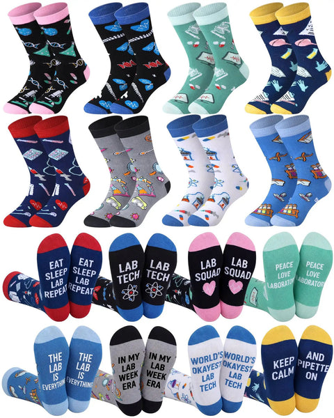 8 Pairs Medical Laboratory Socks For Women And Men, Funny Lab Tech Novelty Crew Dress Socks, Nerdy Scientist Gifts displayed.