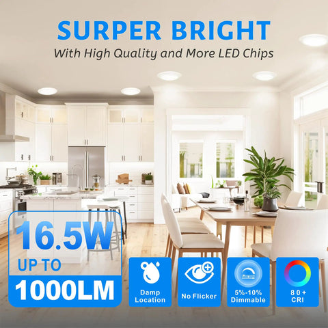 6 Inch LED Low Profile Disk Light With Aluminum Trim 1000 Lumens 16.5W 5000K installed in modern kitchen setting
