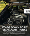 Top Shelf GPS Electric Golf Push Cart With Remote Control and Precise Yardage Tracking, compactly folded in a car trunk.