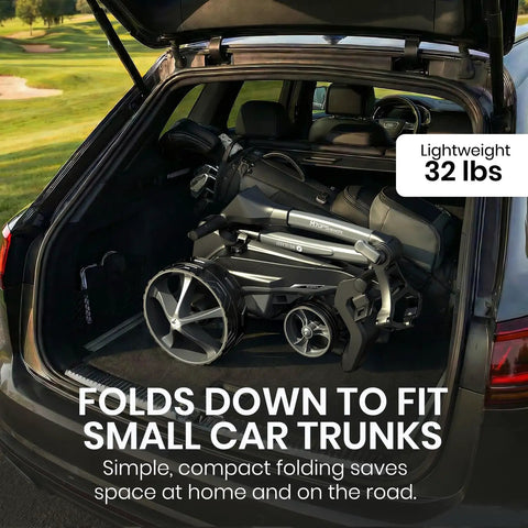 Top Shelf GPS Electric Golf Push Cart With Remote Control and Precise Yardage Tracking, compactly folded in a car trunk.