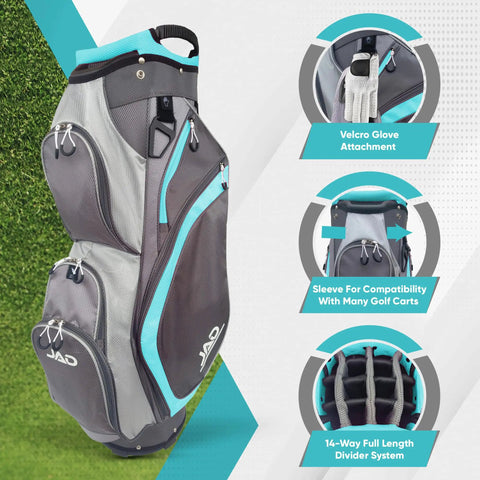 Ultra Lightweight Womens Golf Cart Bag With Dual Handles For Women 14 Way Full Length Top Dividers Large Putter Well Big Pockets For Accessories Easy Carry On Back Or Cart Aqua Grey