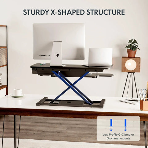 35 Inch Electric Standing Desk Converter With Slick Quiet Lift Height Adjustable Stand Up Riser Dual Monitor And Laptop Setup Wide Keyboard Tray Black Finish on desk