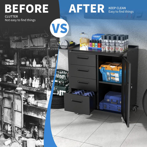 Heavy Duty Mobile Tool Storage Cabinet With Four Drawers And A Locking Door, organized garage tools, on wheels