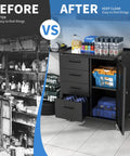 Before and after of a cluttered garage and the organized garage with Beefy Heavy-Duty Metal Rolling Storage Cabinet With Wheels For Workshop.