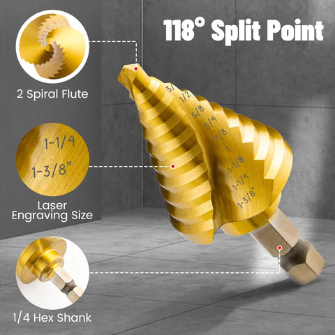 Top Shelf Five Piece Titanium HSS Step Drill Bit Set With Spiral Dual Flute Design And 118 Degree Split Tip For Quick Self Centering Metal Work That Cruises Through Mild Steel Without Walking Or Chip Jamming On Your Weekend Grind