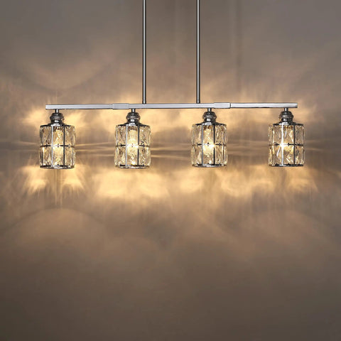 4 Light Polygon Crystal Kitchen Island Chandelier With Chrome Finish, Modern Ceiling Light Fixture For Foyer And Dining Area, Contemporary Crystal Pendant Lighting For A Lit, Stylish Home