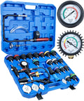 Boss Grade 34 Piece Coolant Pressure Tester Kit With Vacuum Refill Pump Plus Universal Radiator Adapters in a blue case with gauges.