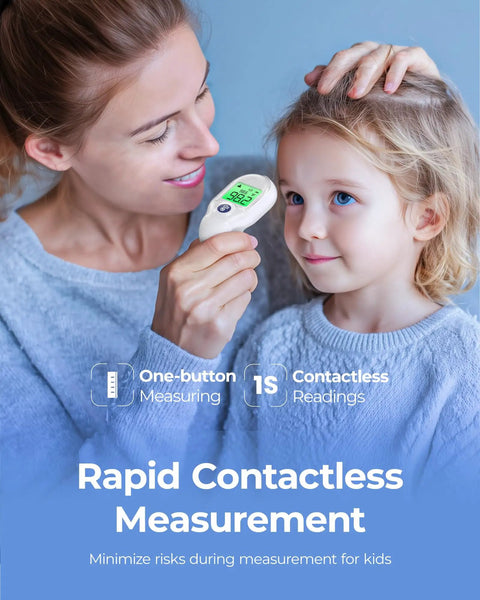 Forehead Thermometer For Adults And Kids Portable Mini Digital Thermometer With One Second High Precision Sensor Medical Grade Chip Instant Readings And Ten Readings Memory For Simple Health Tracking, mother using contactless forehead thermometer on child