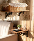 Heavy Duty Cast Iron Shelf Brackets 12 Inch Vintage Bird And Vine Decorative Corbels 4 Pack Wall Support Braces With All Mounting Hardware Included Solid As Nails Build, displaying a rustic shelf with decorative brackets.
