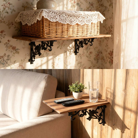 Heavy Duty Cast Iron Shelf Brackets 12 Inch Vintage Bird And Vine Decorative Corbels 4 Pack Wall Support Braces With All Mounting Hardware Included Solid As Nails Build, displaying a rustic shelf with decorative brackets.
