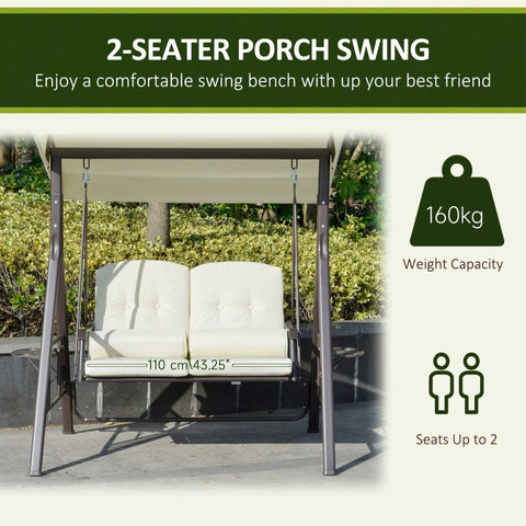 Two Person Patio Swing Bench With Adjustable Shade Canopy Cushions Throw Pillows And Tray Beige Outdoor Seating