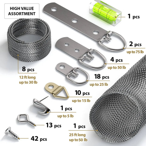 Contents of All In One Picture Hanging Kit With 100 Plus Pieces Including D Ring Screws Hooks Level And Stainless Steel Wire Hanger Supports Up To 50 Lbs 120 Feet Of Wire Comes In A Solid Box For Easy Do It Yourself Wall Art