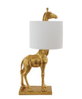 Distressed Gold Giraffe Table Lamp With White Linen Shade, Playful Resin Animal Accent Light, Cord Switch, 27.75 Inch Tall