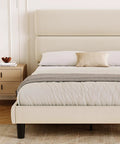 Queen Size Platform Bed Frame With Plush Velvet Headboard And Extra Thick Wooden Slats Delivers Rock Solid Mattress Support, beige upholstery.