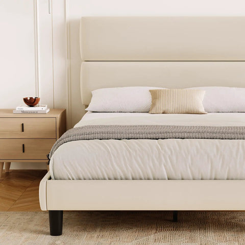 Queen Size Platform Bed Frame With Plush Velvet Headboard And Extra Thick Wooden Slats Delivers Rock Solid Mattress Support, beige upholstery.