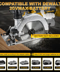 6 Inch Cordless Circular Saw Built For The Daily Grind With Brushless Motor Pure Copper Winding 6500 Rpm Cuts Wood Metal Tile Slick Fit For Dewalt 20V Batteries No Battery Included with battery compatibility displayed.