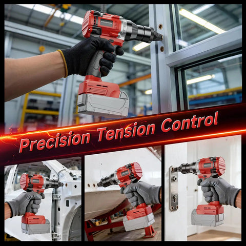 High Voltage Brushless Rivet Nut Tool With Kick Butt 2030 Lbs Tug for precise metal work, shown in use on various surfaces.