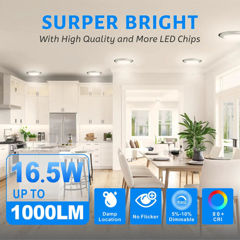 Kitchen with 6 Inch LED Flush Mount Disc Light Dimmable Ceiling Fixture 4000K Cool White 1000 Lumens 16.5 Watts Sleek Low Profile