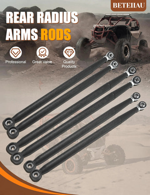 Beefed Up Rear Radius Rods Set Of 6 For 2017 To 2023 Can Am Maverick X3 64 Inch With High Clearance Radius Arms Steel Stability Upgrade Wrinkle Black Powder Coat Bolt On Fit For Turbo R RR Max XDS. Set of six black steel rear radius rods for Can-Am Maverick X3
