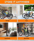 Red Bike Floor Stand For Garage Storage Portable Front And Rear Wheel Parking Rack Fits 24 To 29 Inch Bikes Tire Width Up To 3.5 Inches Road And Mountain Bicycle Stand With Secure Three Point Locking System displayed in various settings including garage, yard, apartment, and bike shop.