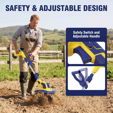 Man using Cordless Garden Tiller Cultivator With 720 RPM Power, Dual 6.0Ah Batteries, showing adjustable handle, safety switch.