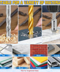 Close-up of Beefy 38 Piece Masonry Drill Bit Set With Premium Carbide Tips drilling wood, metal, and marble surfaces.