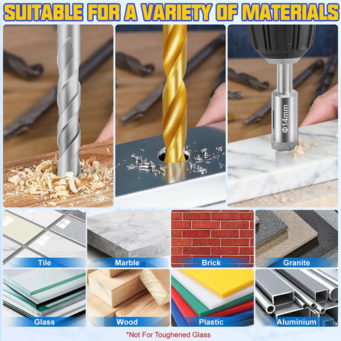 Close-up of Beefy 38 Piece Masonry Drill Bit Set With Premium Carbide Tips drilling wood, metal, and marble surfaces.