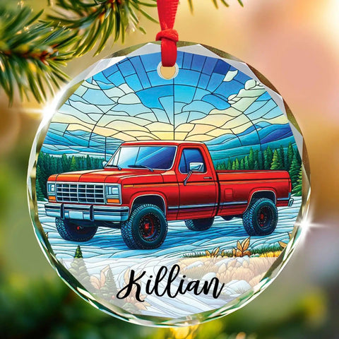 Custom Name Pickup Truck Stained Glass Ornament For Christmas Tree Red Vintage Farm Vehicle Keepsake Personalized Xmas Decor