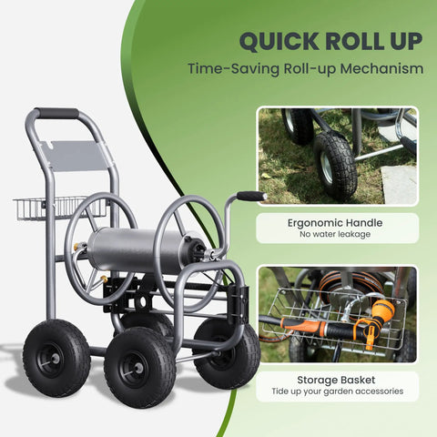 Heavy Duty Garden Hose Reel Cart With Wheels For Outdoors featuring ergonomic handle and storage basket