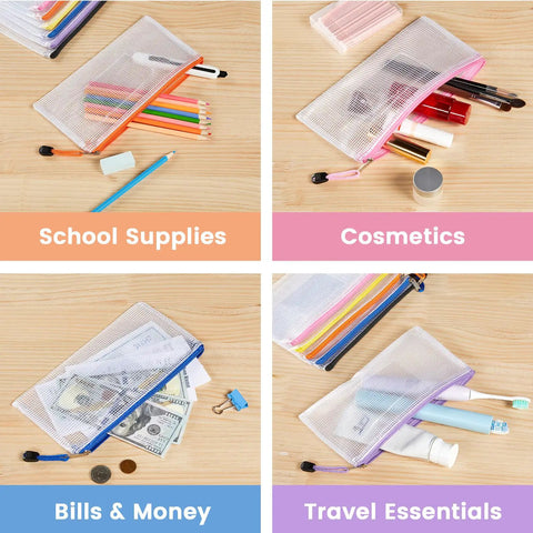 24 Pack Mesh Zipper Pouches With Label Pocket A6 clear pencil cases holding school supplies, cosmetics, bills, and travel essentials.