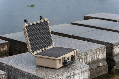 All Weather Waterproof Hard Case With Customizable Foam Insert For Drones, Cameras And Gear, Fits Pistols, IP67 Sealed, Rugged Desert Tan Travel Case