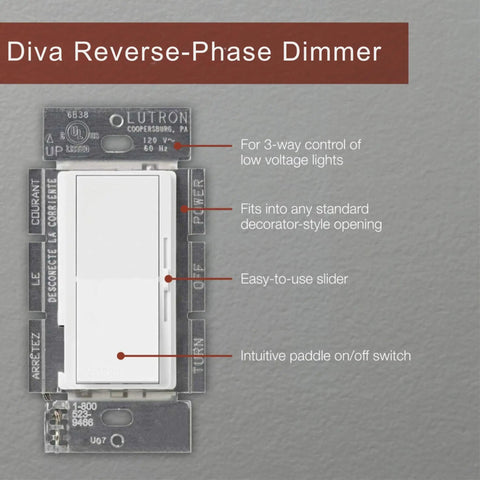 Diva Reverse-Phase Dimmer Switch For ELV And LED Lighting, 250W LED Or 500W ELV, Single Pole And 3-Way, 120V, Neutral Required, DVRP-253P-WH White Finish with labeled features