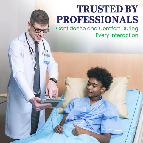 Doctor in Unisex Lab Coat Pro Grade For Students And Professionals, 100% Cotton Sanforized, with patient in hospital bed