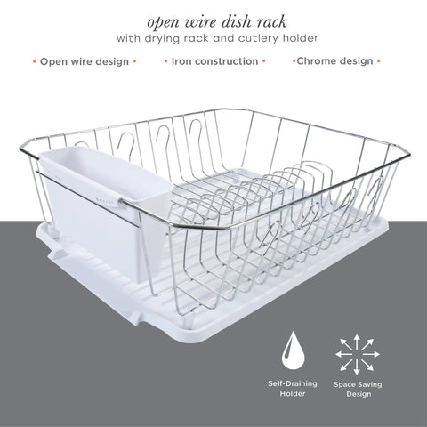 3 Piece Dish Rack Set With Cutlery Basket And Drainboard Tray Self Draining Open Wire Countertop Drying Rack In Chrome White